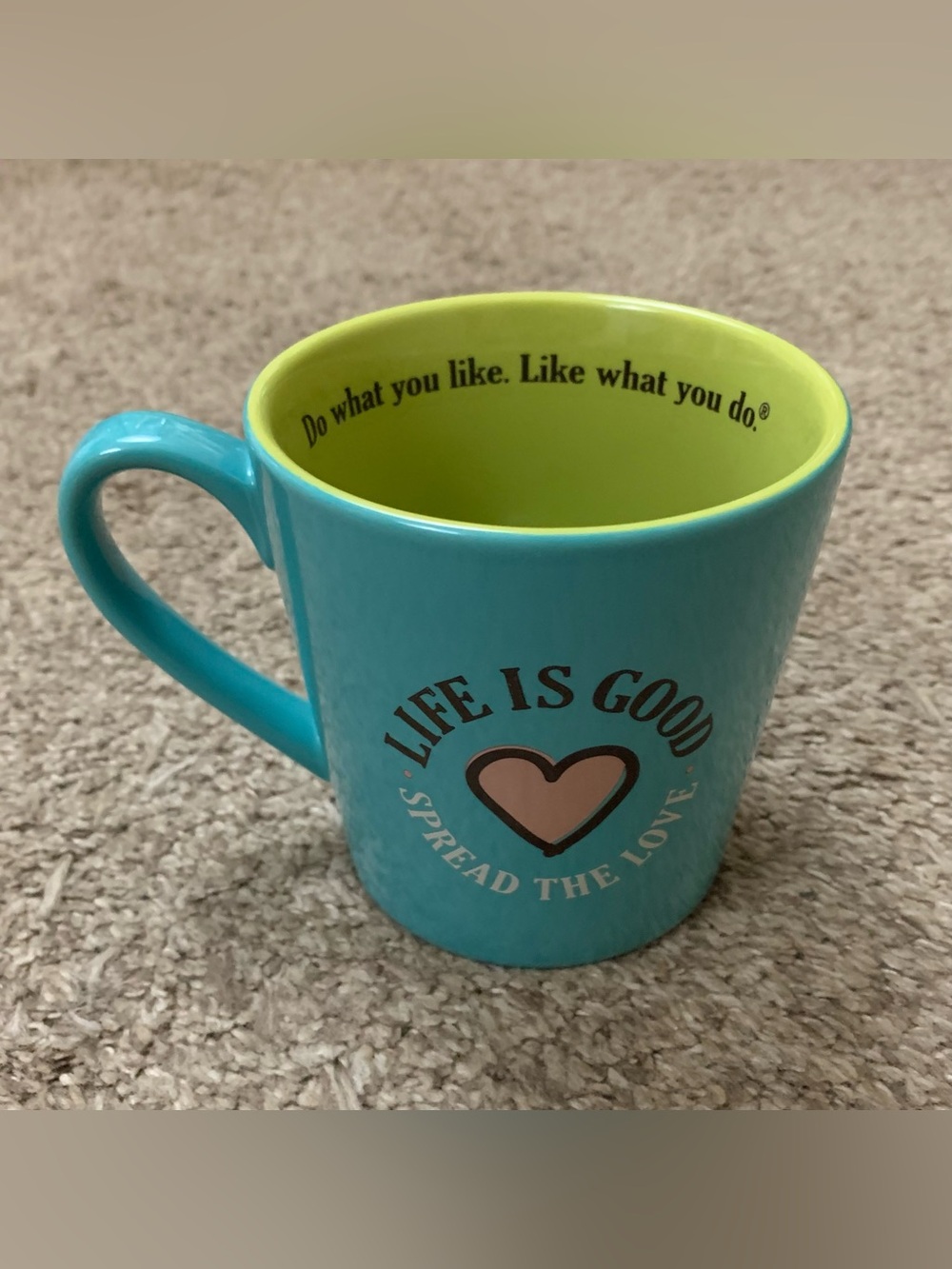 Life Is Good Coffee Mug Ceramic Drinking Glass Spread The Love Heart Blue Green